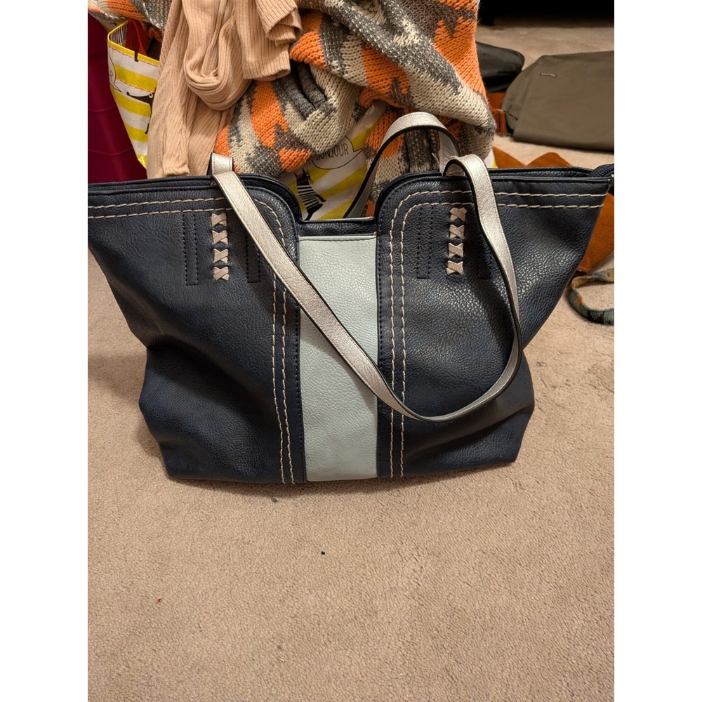 Montana West Navy Blue Colorblock Tote Bag Vegan Leather Whipstitch Shoulder Bag